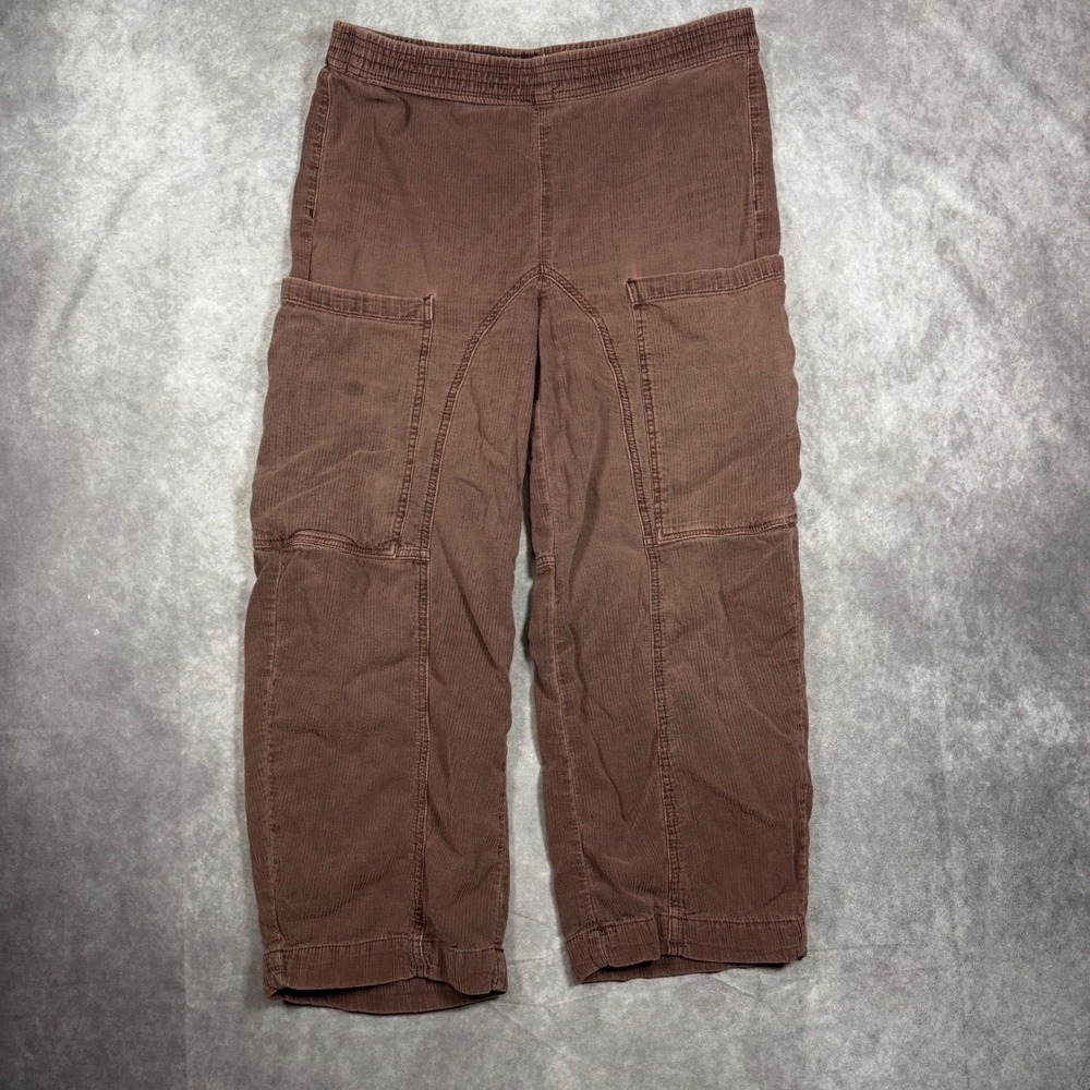 Brown Corduroy Cargo Pants‎ Elastic Waist Utility Pockets Small Streetwear